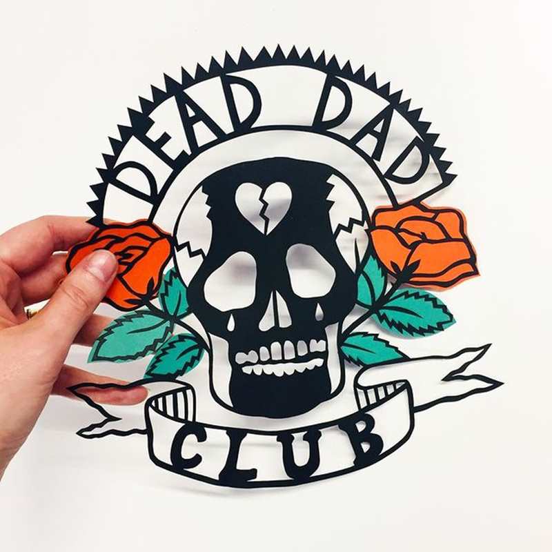 Instagram artwork by @poppyspapercuts - image of skull and roses with the words 'dead dad club'