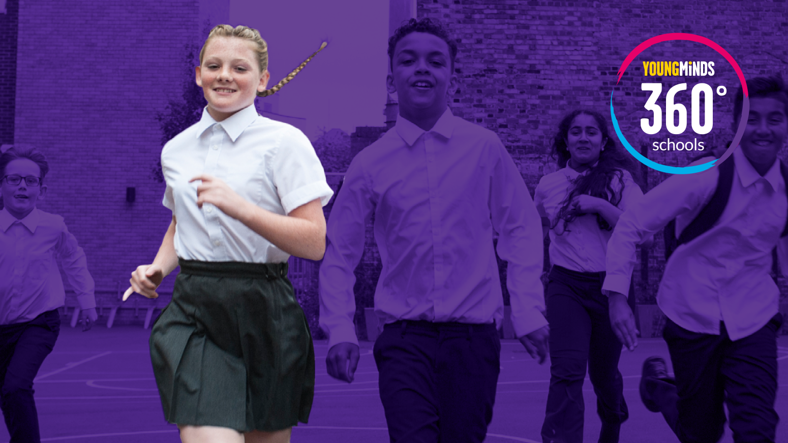 A group of five students in school uniform run towards the camera. The background and four of the students have a purple fade over them with one student highlighted in colour. Our 360 schools logo is on the top right hand side.
