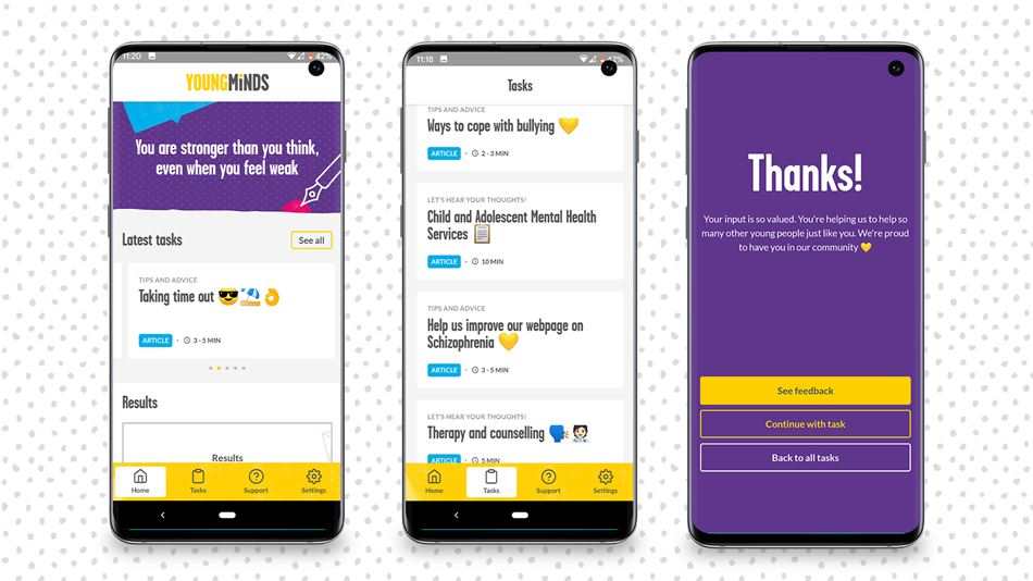 Three phones sit on a spotted background. Each has a different screenshot of the app that's been created to get young people's insights for our work.